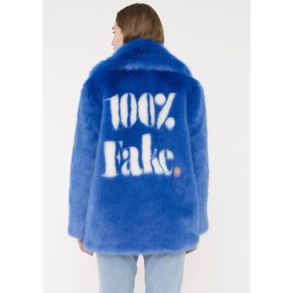JAKKE Anthropologie 100% Fake Fur GRAPHIC Fuzzy BLUE Coat Jacket sz 2 - Picture 1 of 10
